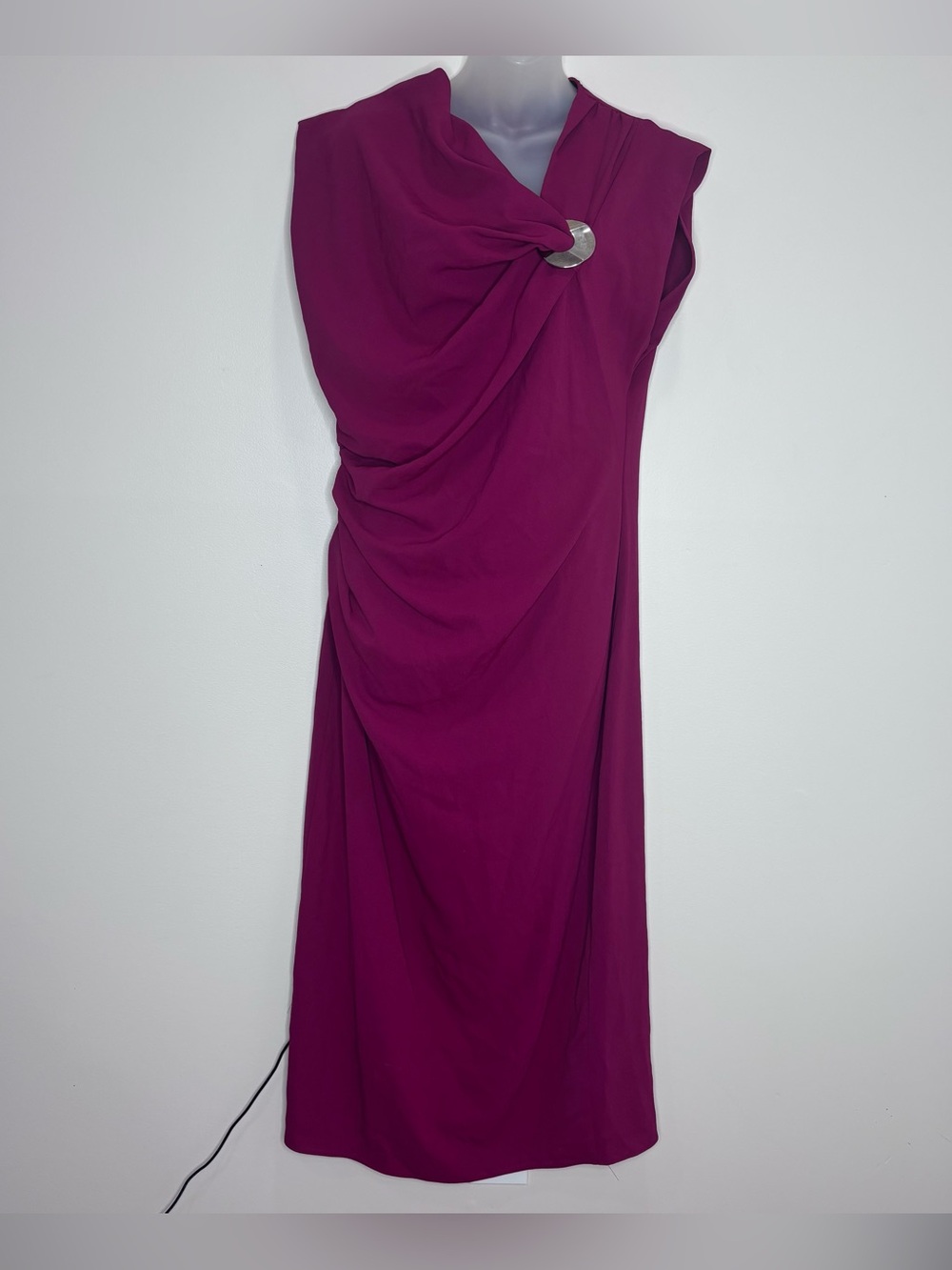 Zara Draped Fuchsia pink Midi Dress Silver Ring sleeveless size XL vacation